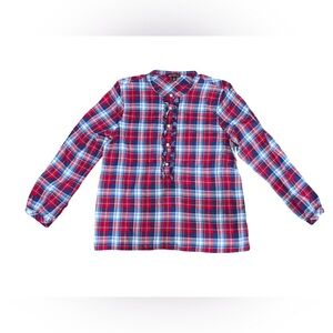 J Crew Plaid Button Front Shirt Size M Ruffle Detail Red Blue